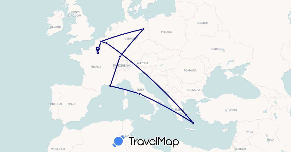 TravelMap itinerary: driving in Belgium, Germany, France, Greece, Italy (Europe)